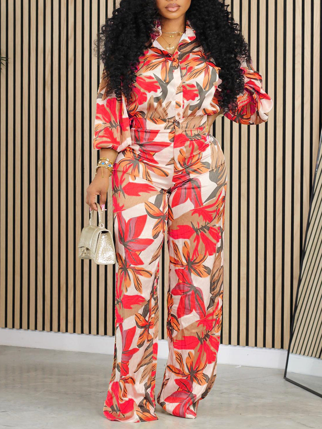 New Stylish Loose plus Size Printed Long Sleeve Shirt Wide Leg Pants Suit