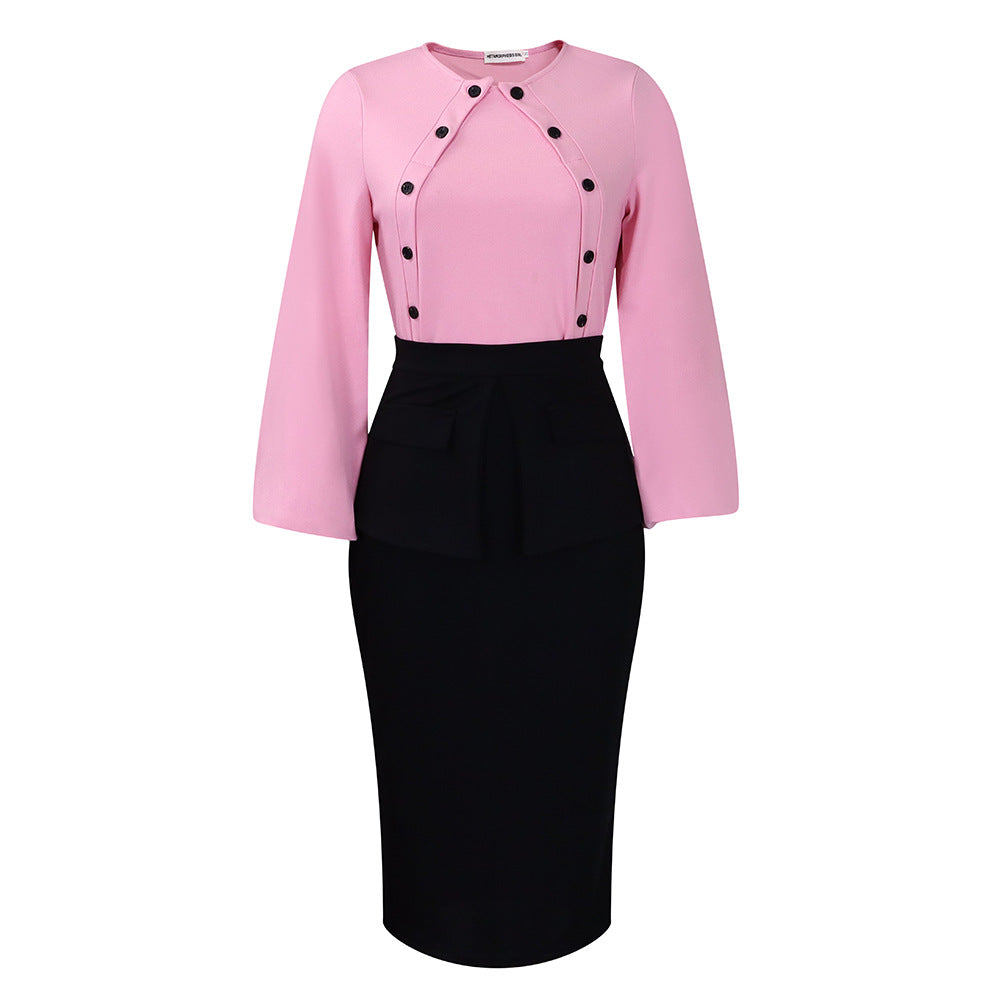 Fashionable Temperament Ol Long-Sleeved Top Hip Skirt Two-Piece Set