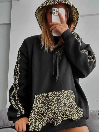 Leopard Splicing Drawstring Pocket Loose Casual Hooded Sweater