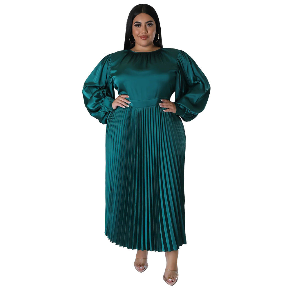 Popular Pleated round-Neck Long Dress Long Sleeve