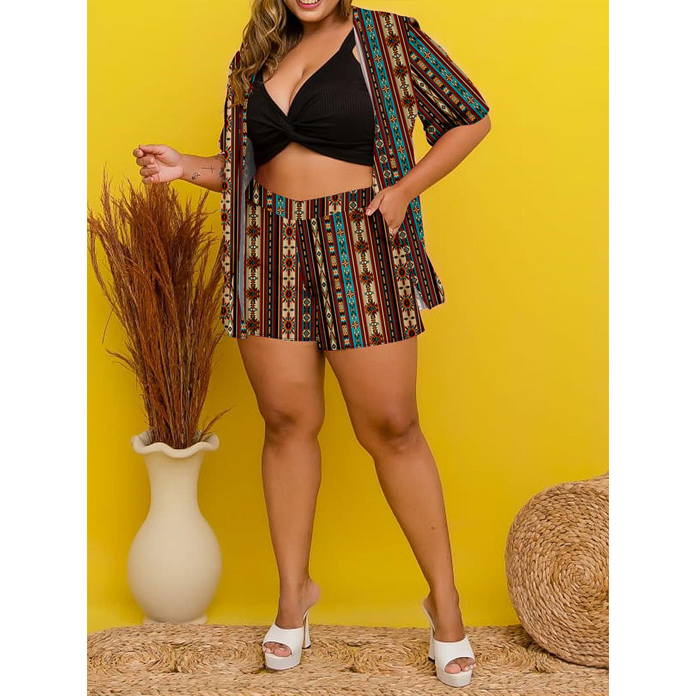 2024 plus Size Women's Summer New Ethnic Print Casual Short Sleeve Shorts Suit