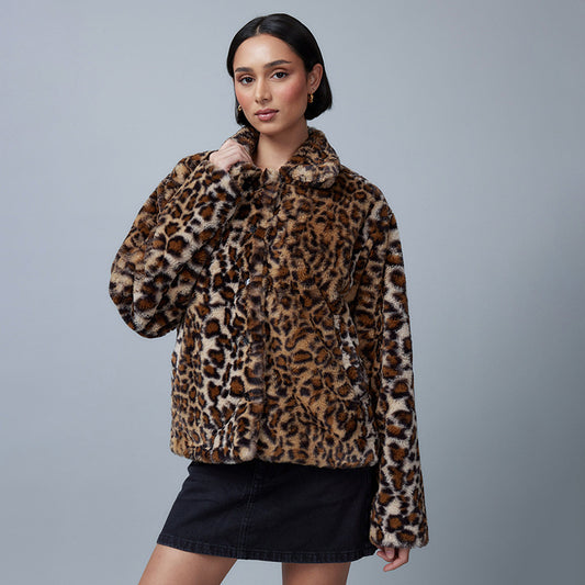 Lapel Warm-Keeping Cotton Clothing Leopard Print Coat Short Zipper Cardigan Lamb Wool Autumn and Winter