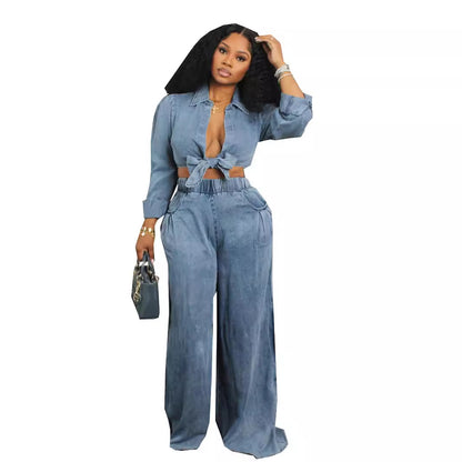 New Women's Long-Sleeved Casual Wide-Leg Pants Suit Loose Casual Shirt Trousers Suit