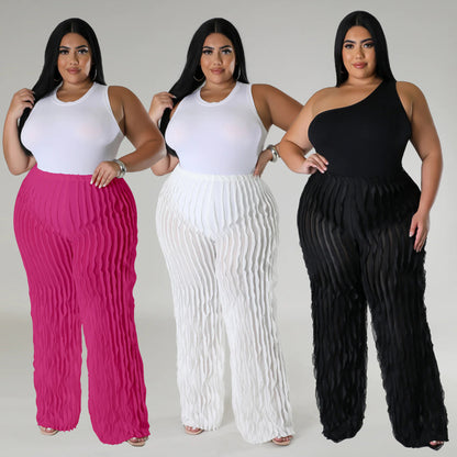 plus Size Women's Clothing New Wave Pattern Straight-Leg Trousers Semi-Transparent Sexy Pants