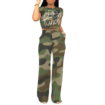 Fashion Women's Wear Casual Camouflage Printing Two-Piece Set