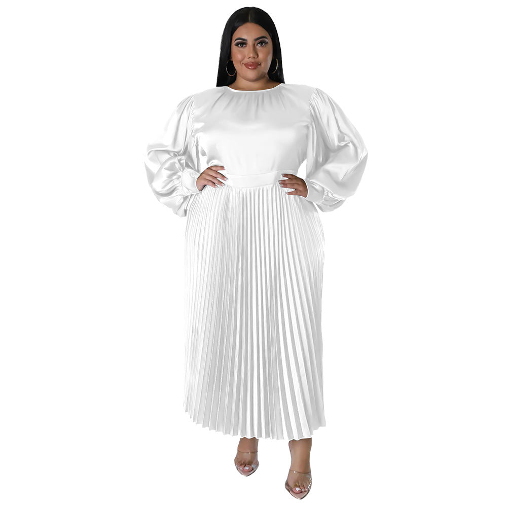 Popular Pleated round-Neck Long Dress Long Sleeve