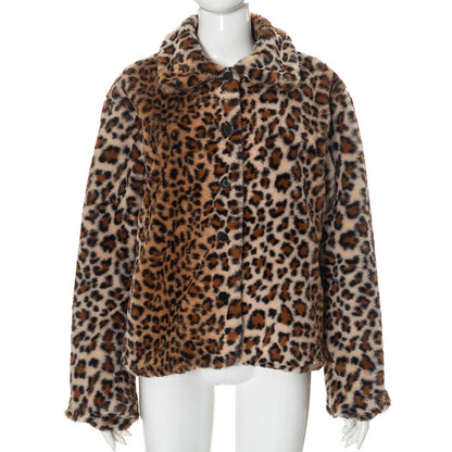 Lapel Warm-Keeping Cotton Clothing Leopard Print Coat Short Zipper Cardigan Lamb Wool Autumn and Winter