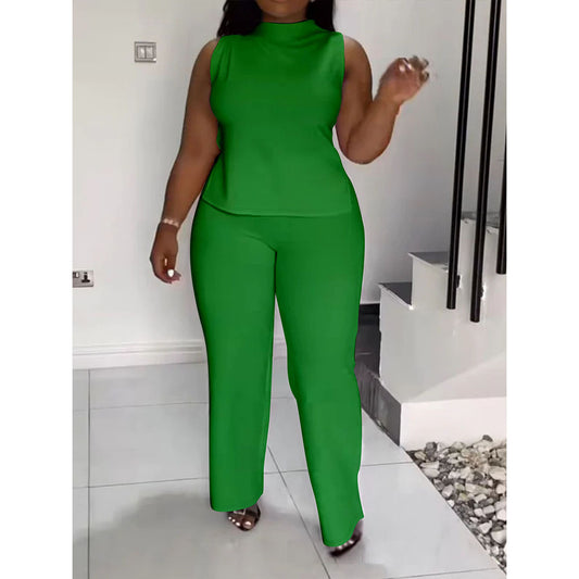 2024 Summer New plus Size Women's Solid Color Casual Sleeveless Trousers Suit