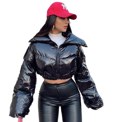 Autumn and Winter New Glossy PU Leather High Collar Super Long Sleeve Warm Thick Tops Coat