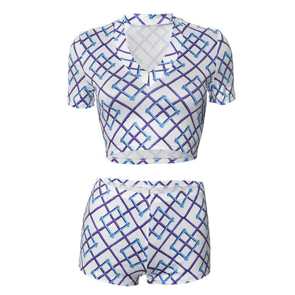 Summer New Diamond Lattice Printed V-neck Short-Sleeved Top and Shorts Two-Piece Suit