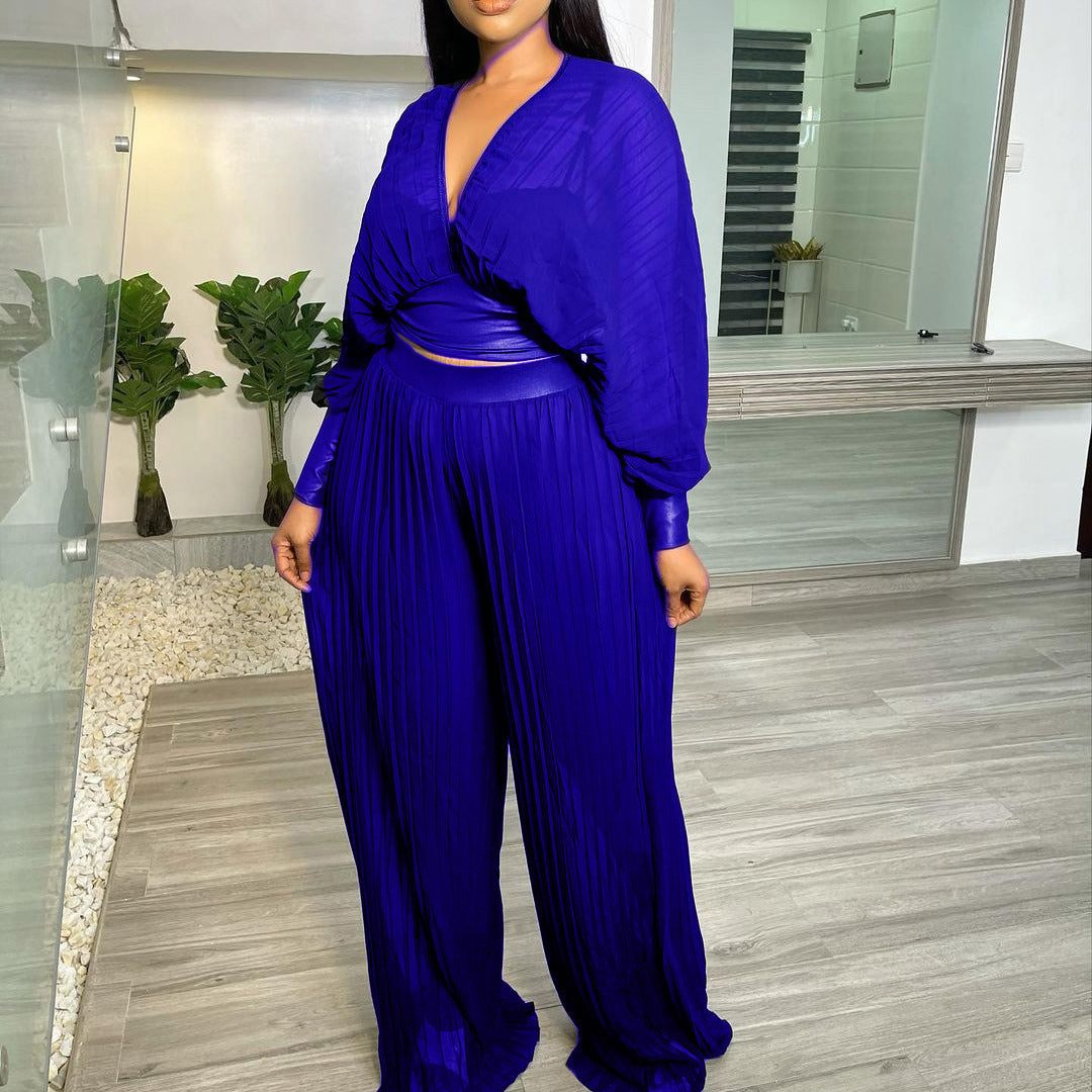 Summer Long Sleeve V-neck Batwing Sleeve Top Pleated Pleated Wide-Leg Trousers Beautiful Two-Piece Suit