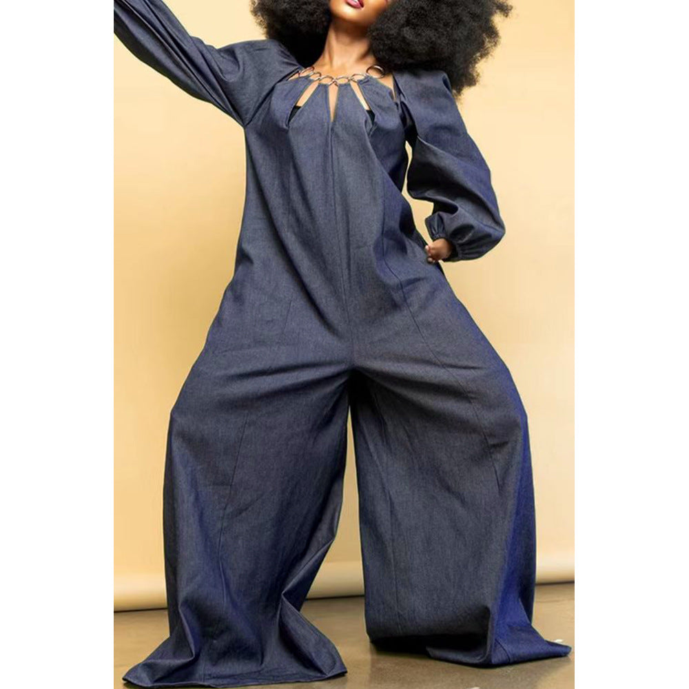 Faux Denim Jumpsuit Featured Eyelet