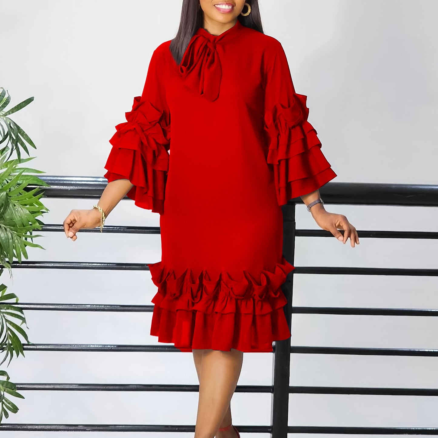 Fashion Casual Style Ruffled Flare Sleeve plus Size Dress