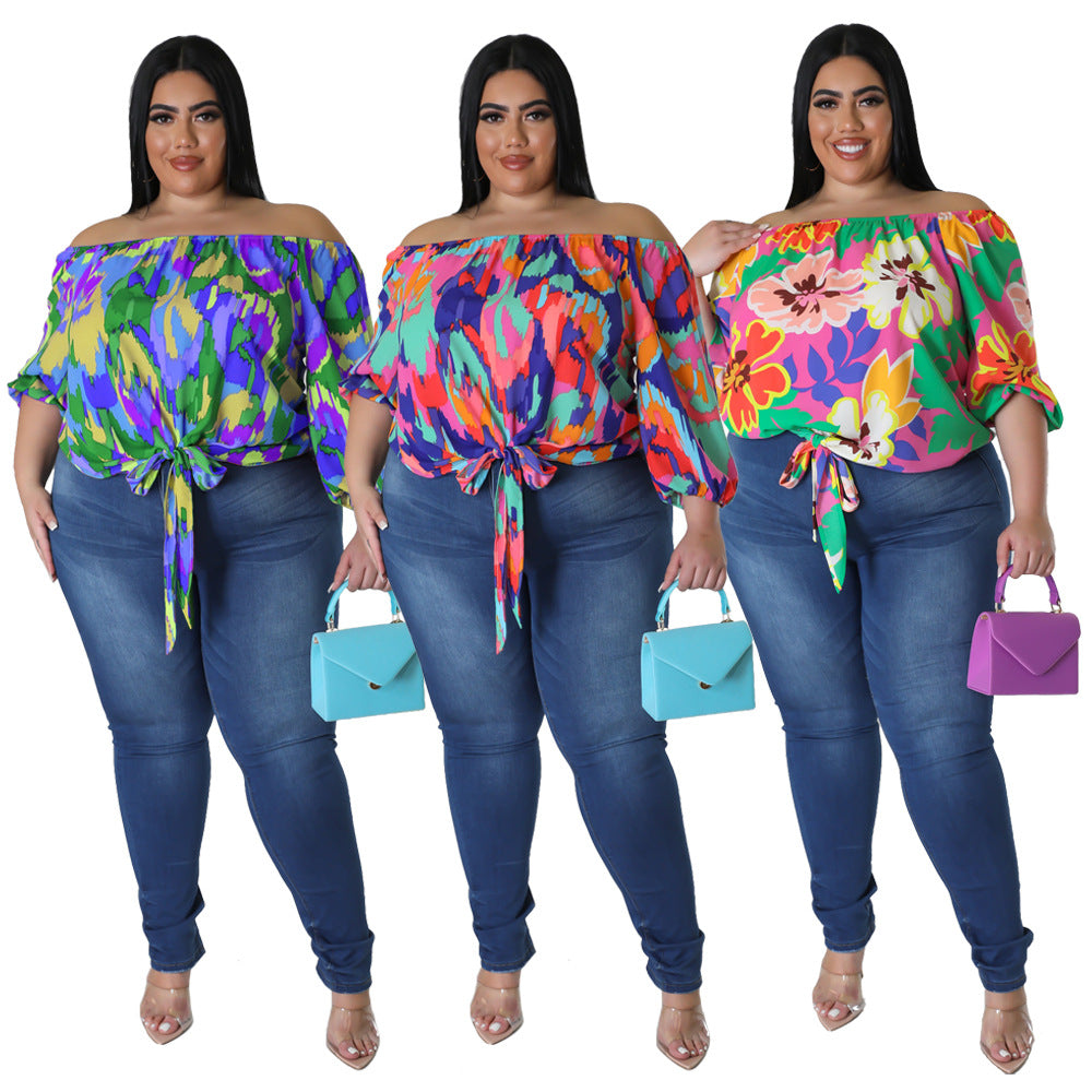 plus Size Women's Summer Casual Loose off Shoulder Printed Top