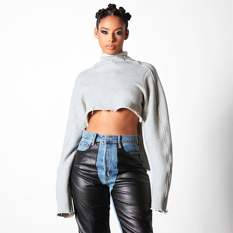 New Fashion Long Sleeve Cropped Turtleneck Irregular T-shirt Top for Women