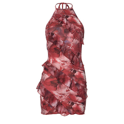 Summer New Color Printing Sleeveless Halter Rope Bare Back Sexy Dress