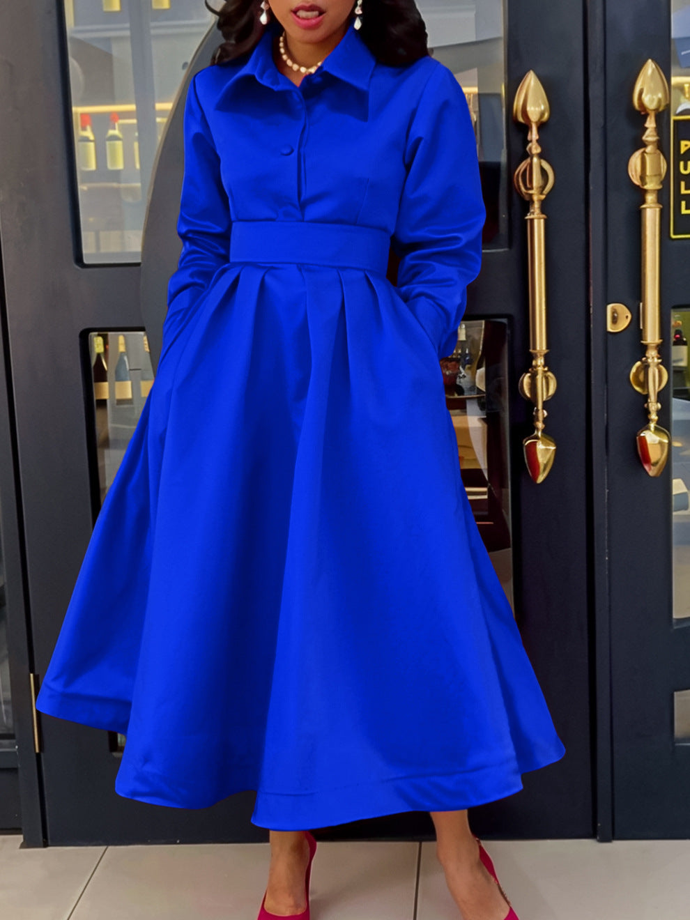 Large Swing Solid Color Lapel Long Sleeve A- line Skirt Dress