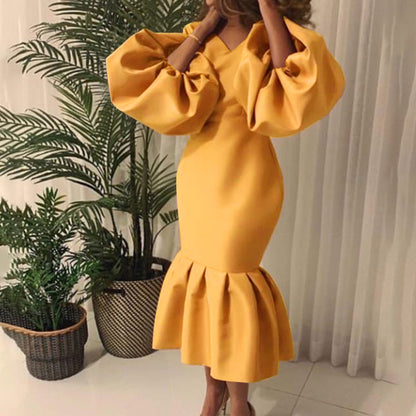 plus Size Women's Fashion Solid Color and V-neck Bubble Long Sleeve Fishtail Dress European and American Dress