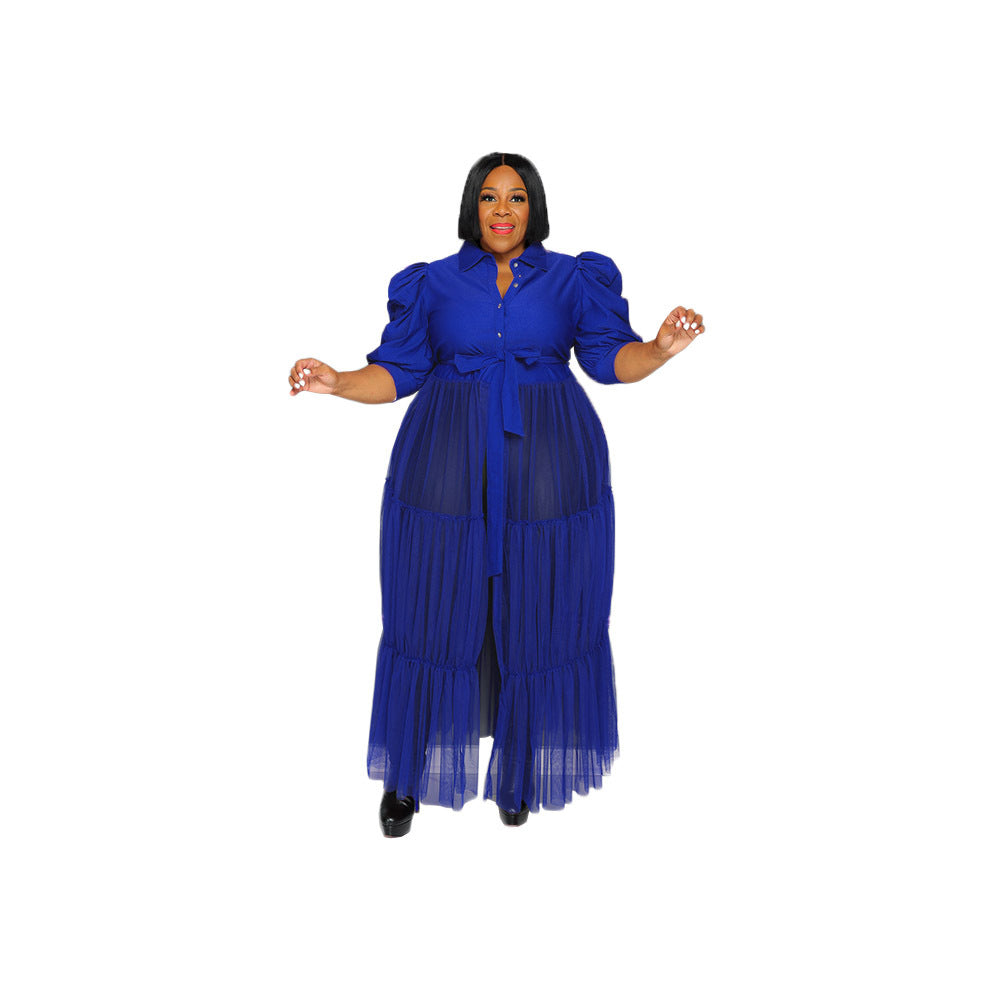 Sheer Mesh Cake Dress plus Size Belted Breathable Short Sleeve Jumpsuits