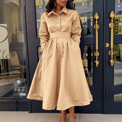 Large Swing Solid Color Lapel Long Sleeve A- line Skirt Dress