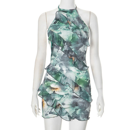 Summer New Color Printing Sleeveless Halter Rope Bare Back Sexy Dress