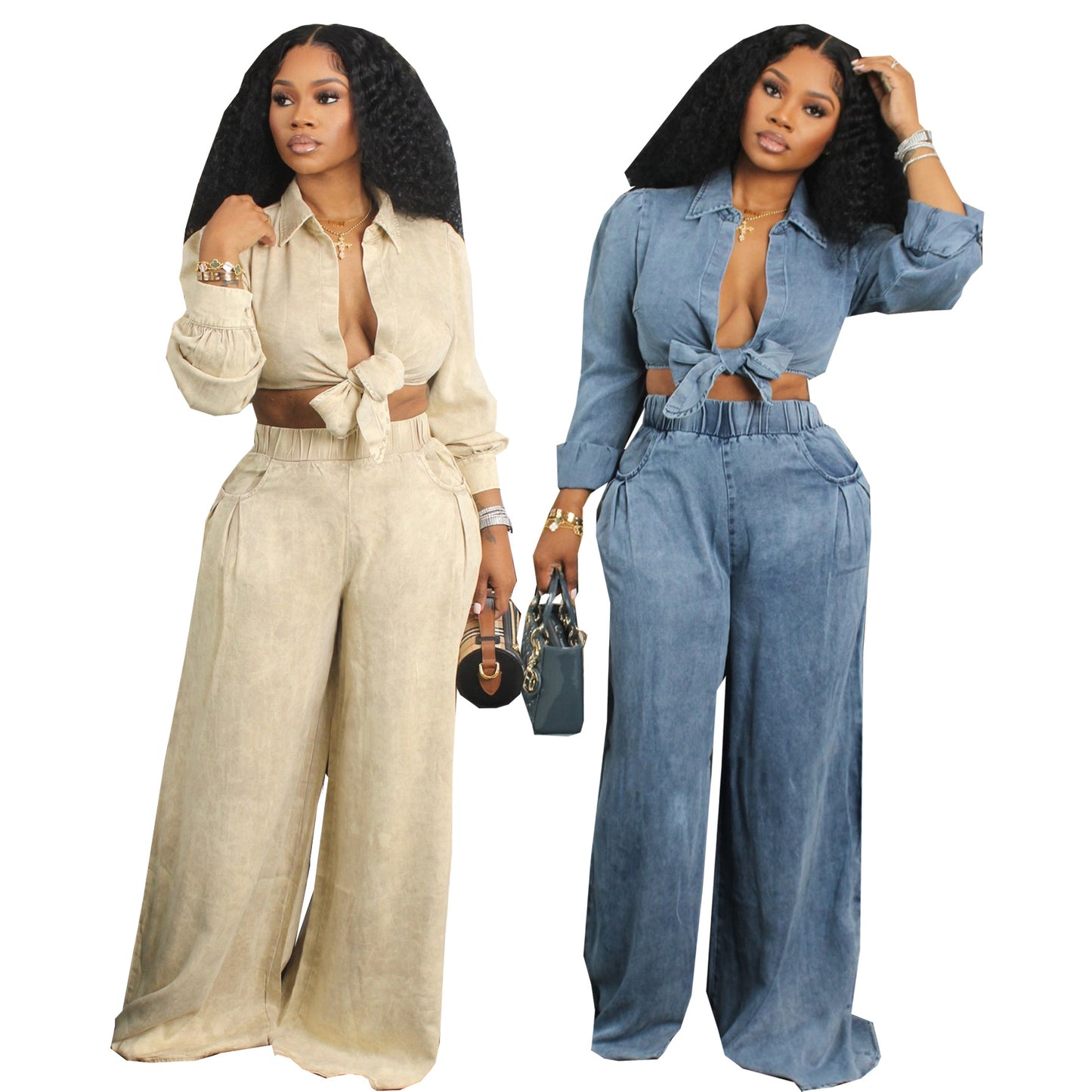 New Women's Long-Sleeved Casual Wide-Leg Pants Suit Loose Casual Shirt Trousers Suit