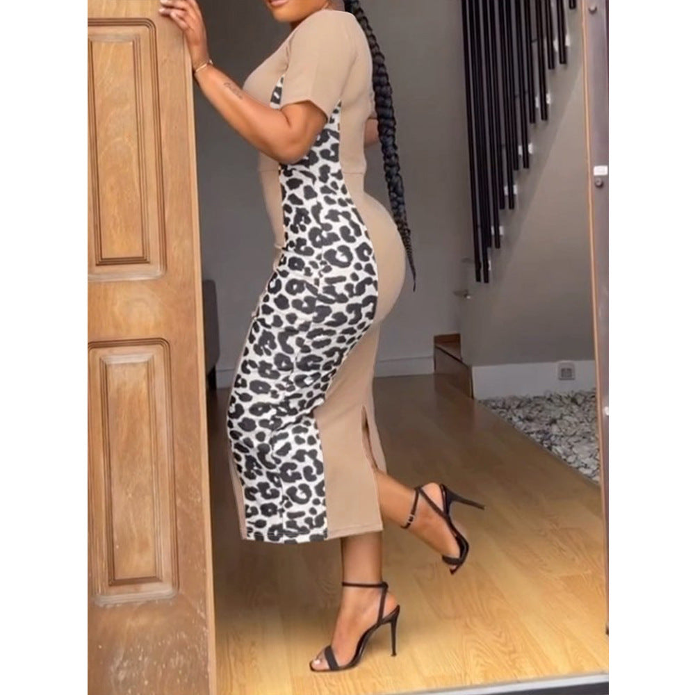 plus Size Women's Spring and Summer New Dress Slim Fit Leopard Splicing Casual Skirt