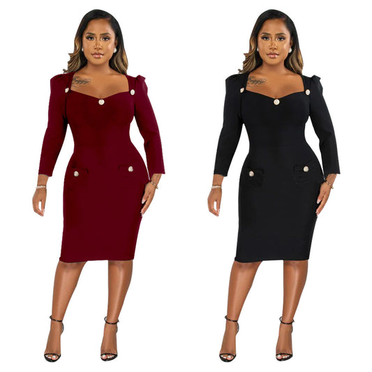 New Long Sleeve Square-Neck Sheath Slim Fit Dress