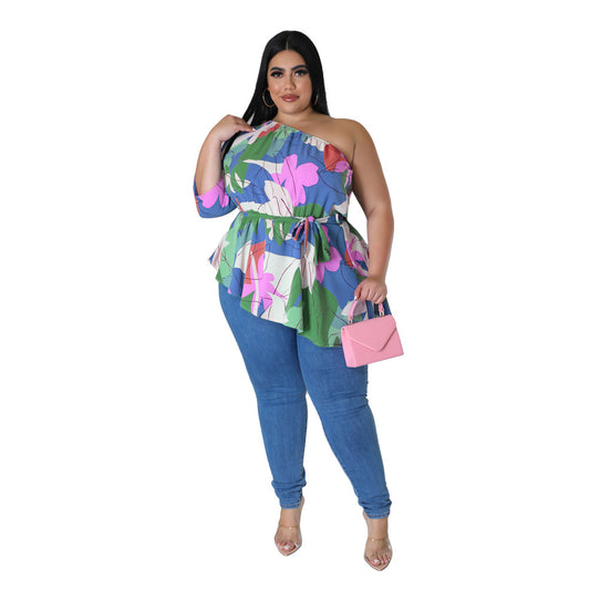 plus Size Women's Clothing New Summer Casual Loose Shoulder Asymmetric Printed Top