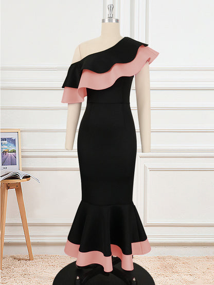 One-Shoulder Backless Ruffled Dress