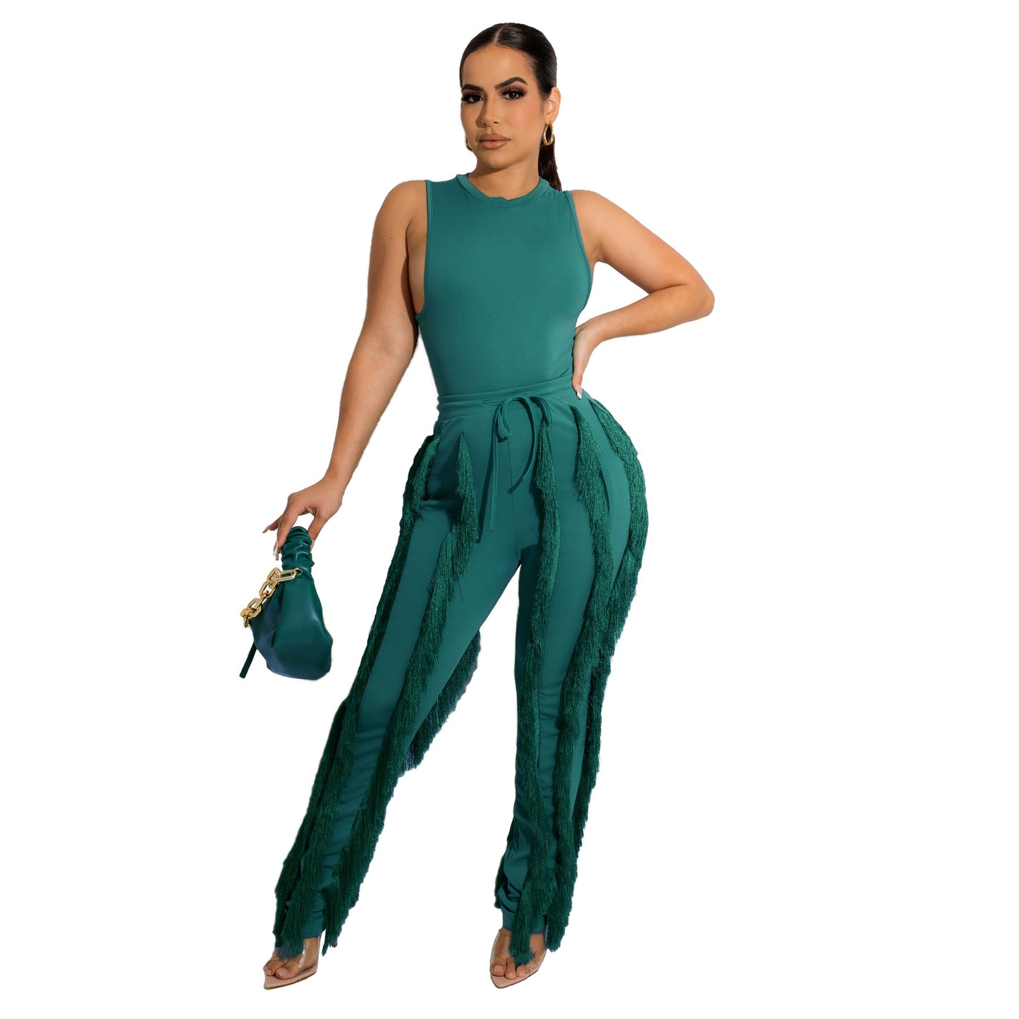 Two-Piece Tassel Trousers Sleeveless Casual Suit Lace