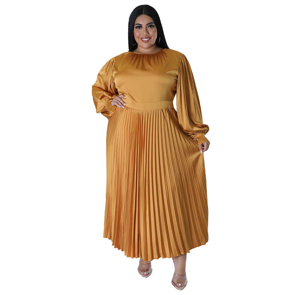 Popular Pleated round-Neck Long Dress Long Sleeve