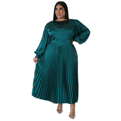 Popular Pleated round-Neck Long Dress Long Sleeve