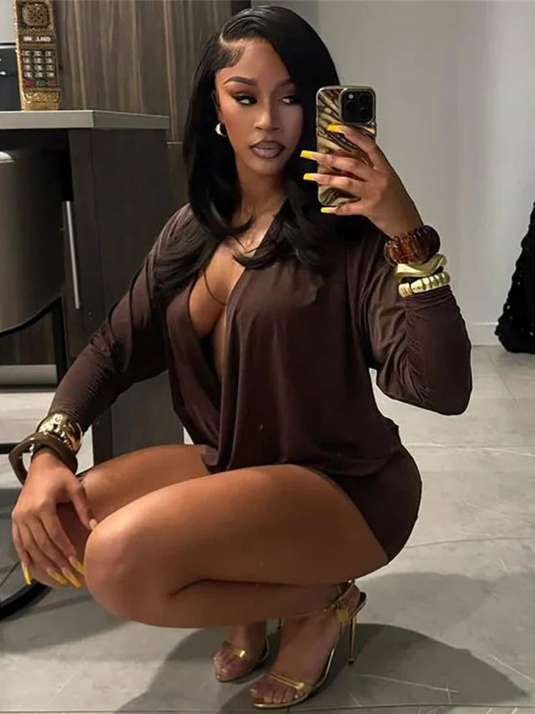 Elegant Deep V-Neck Mini Dress long Sleeve