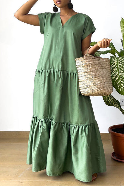 V-Neck Ruffle Hem Smock Dress