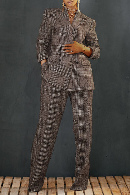 Fashion Plaid Double Breasted Blazer & Pants Set