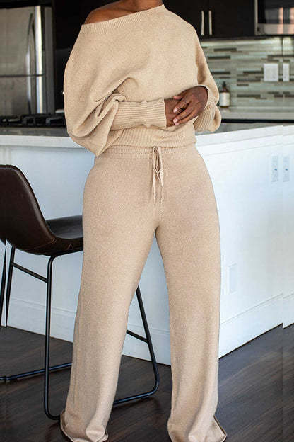 Cozy Oblique Neck Lantern Sleeve Top & Pants Set