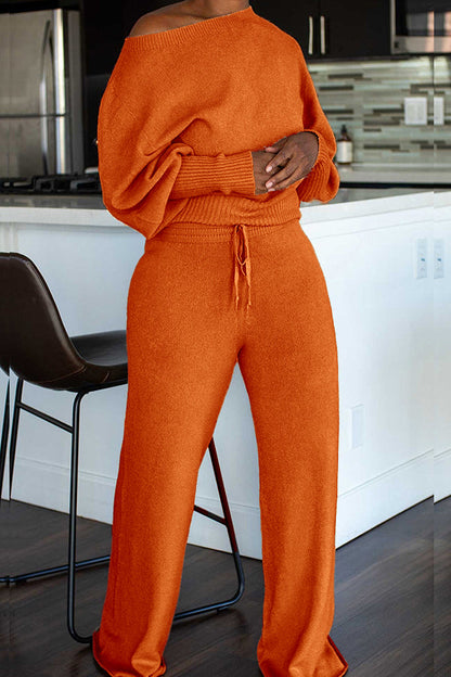 Cozy Oblique Neck Lantern Sleeve Top & Pants Set