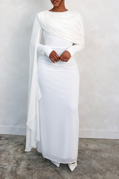 Elegant Drape Sleeve Ruched Maxi Dress