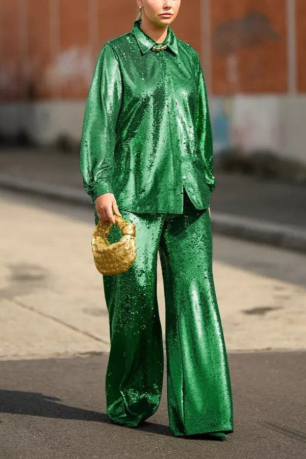 Glitter Shirt Neck Top & Pants Set
