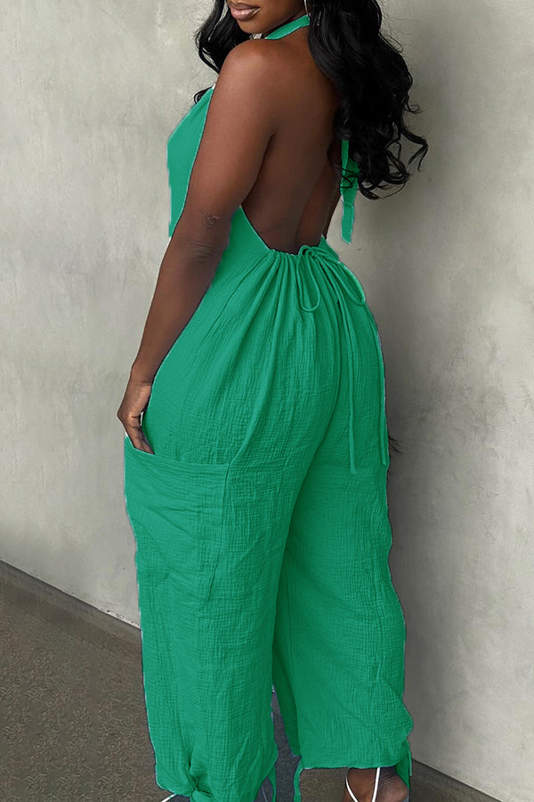 Halter Backless Solid Color Loose Jumpsuit