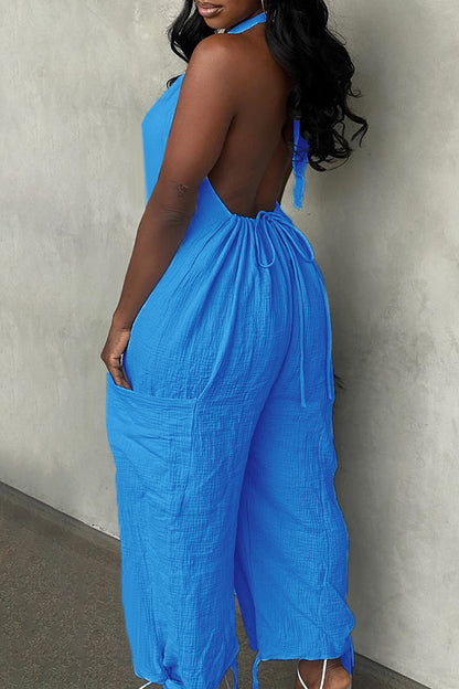 Halter Backless Solid Color Loose Jumpsuit