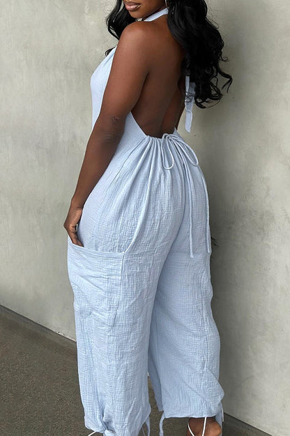 Halter Backless Solid Color Loose Jumpsuit