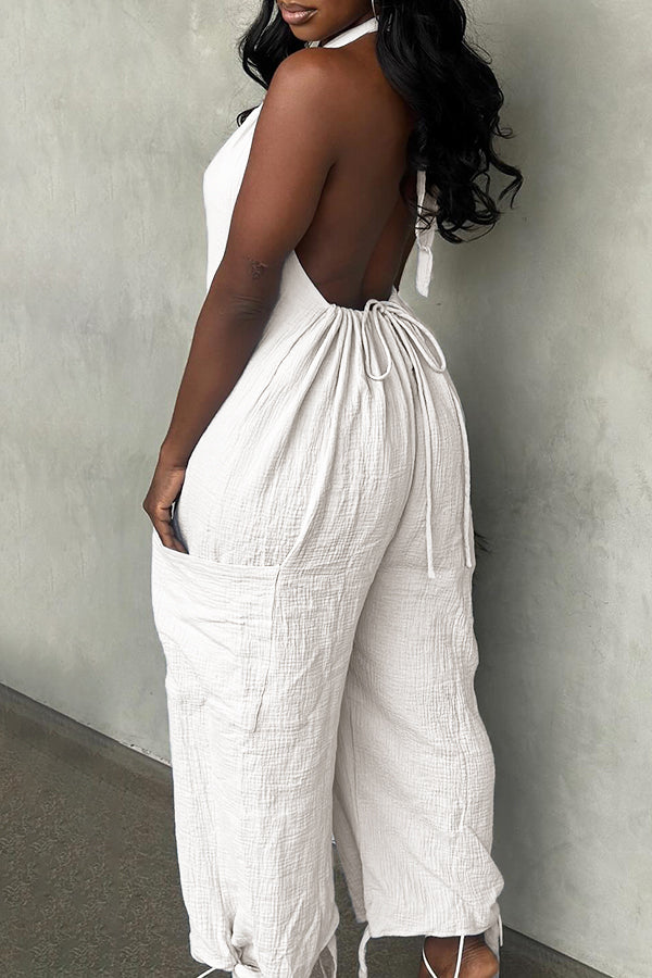 Halter Backless Solid Color Loose Jumpsuit