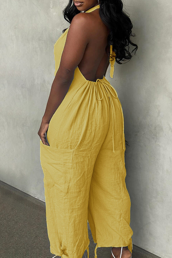 Halter Backless Solid Color Loose Jumpsuit