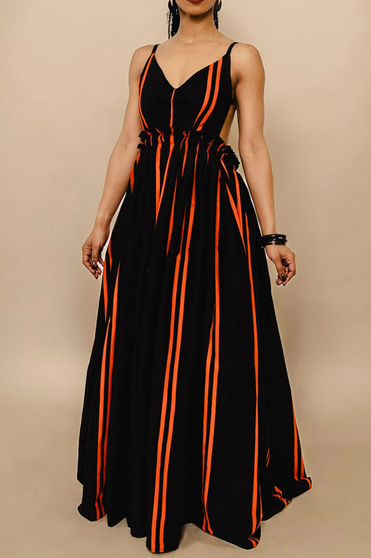 V-Neck Backless Striped Print Dress