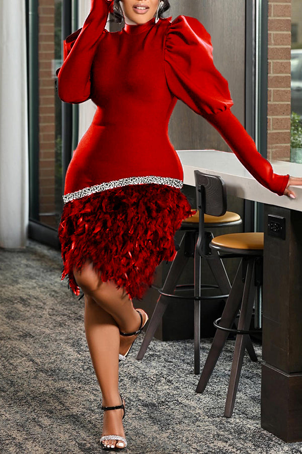 Elegant Gigot Sleeve Rhinestone Fuzzy Trim Hem Dress