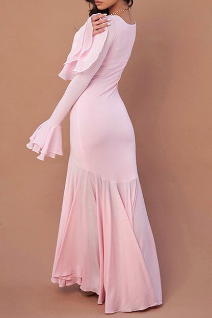 Elegant Solid Square Neck Fishtail Hem Maxi Dress