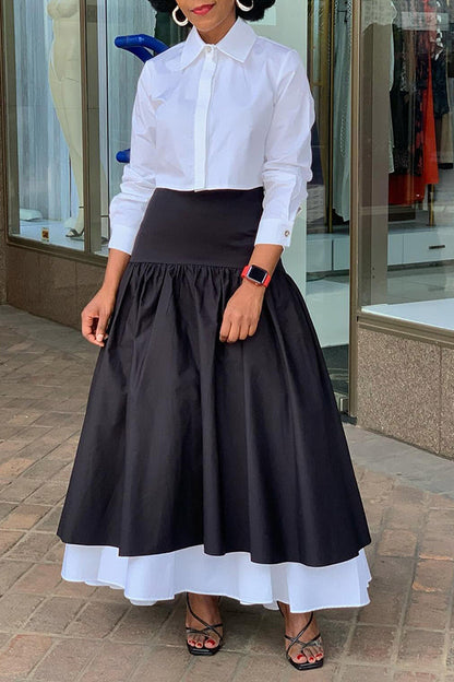 Classic Solid Cropped Shirt & Colorblock Skirt Set