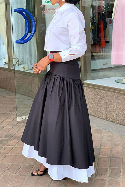 Classic Solid Cropped Shirt & Colorblock Skirt Set